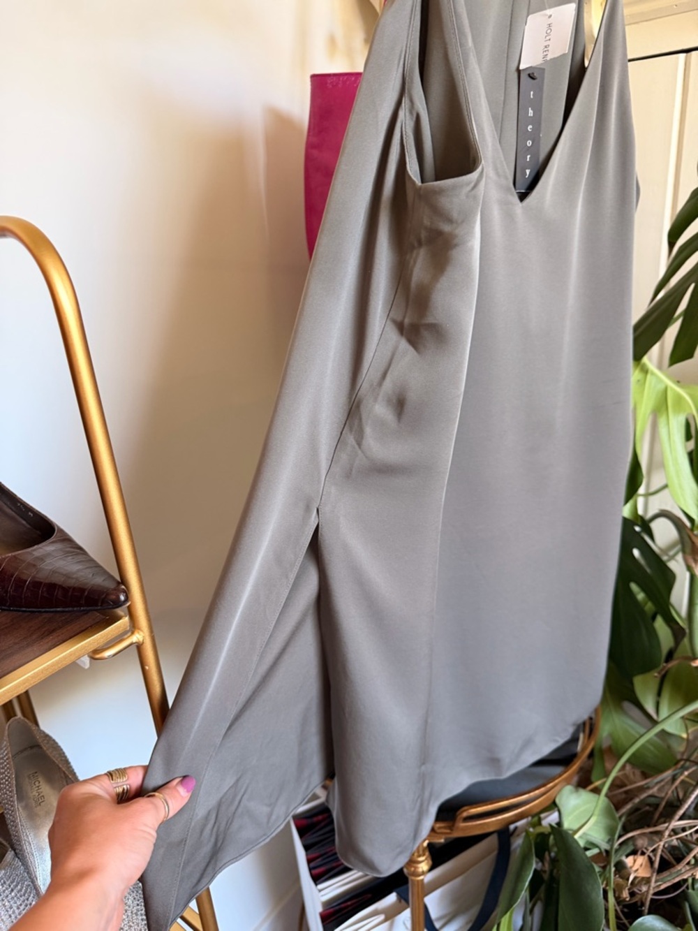 Theory Taupe-Grey Slip Dress with Spaghetti Straps - Picture 5 of 6